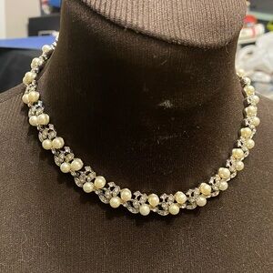 Elegant Pearl and Rhinestone Silver Necklace